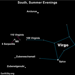 Star chart with Virgo, several stars, and M5 labeled on black background.