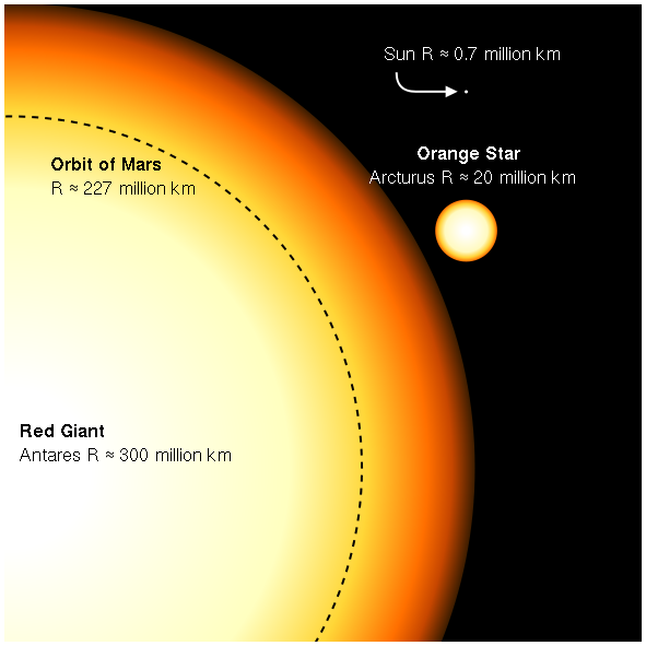 Gigantic yellow-red circle with dotted line (orbit of Mars) in it, next to small circle and tiny dot, our sun.