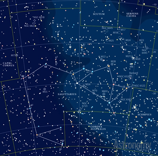 Chart with very many stars, outlines of constellations, and other objects marked.