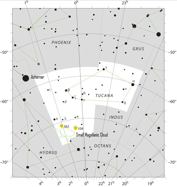 Chart showing Tucana the Toucan in white. There are many black dots for stars, and green lines for constellations.