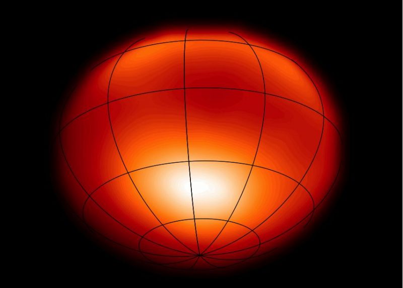 Glowing, fuzzy-edged flattened orange globe with latitude and longitude lines drawn on.