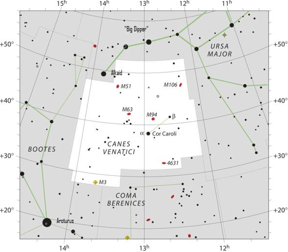 Star chart with stars black on white background of constellation Canes Venatici.