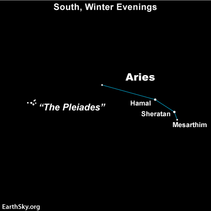 hamal Chart with Pleiades cluster to left and line of stars to right.