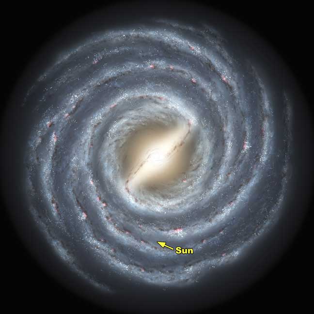 A big spiral galaxy seen from above with an arrow pointing at the location of the sun.