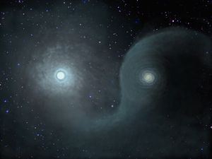 Two stars wrapped in a strange-shaped semi-spiral dust cloud.