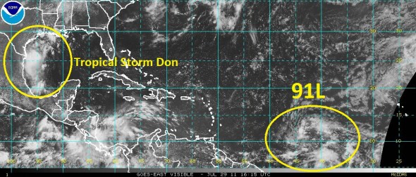 Tropical Storm Don in the Gulf of Mexico and 91L in the Central Atlantic