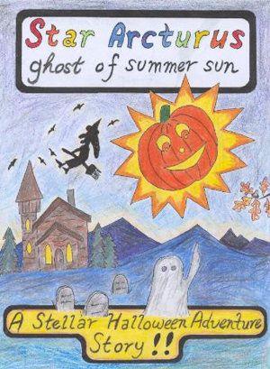 Colorful kids drawing style cover of book with pumpkin sun, ghost, witch.