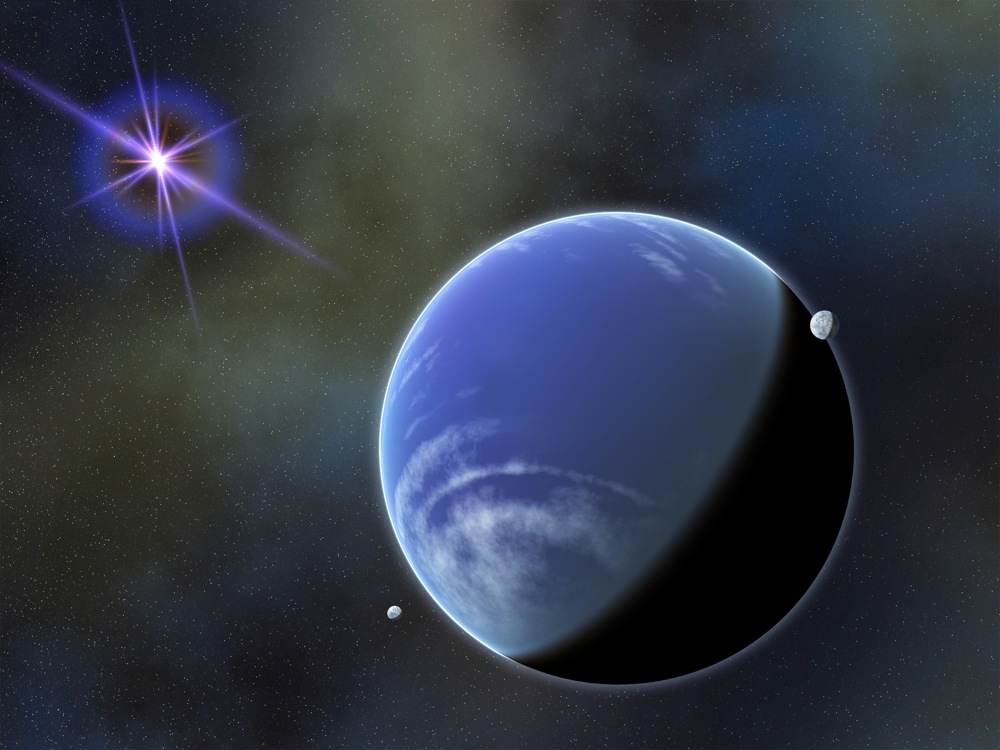 Planet-sized object as a blue world with star in background.