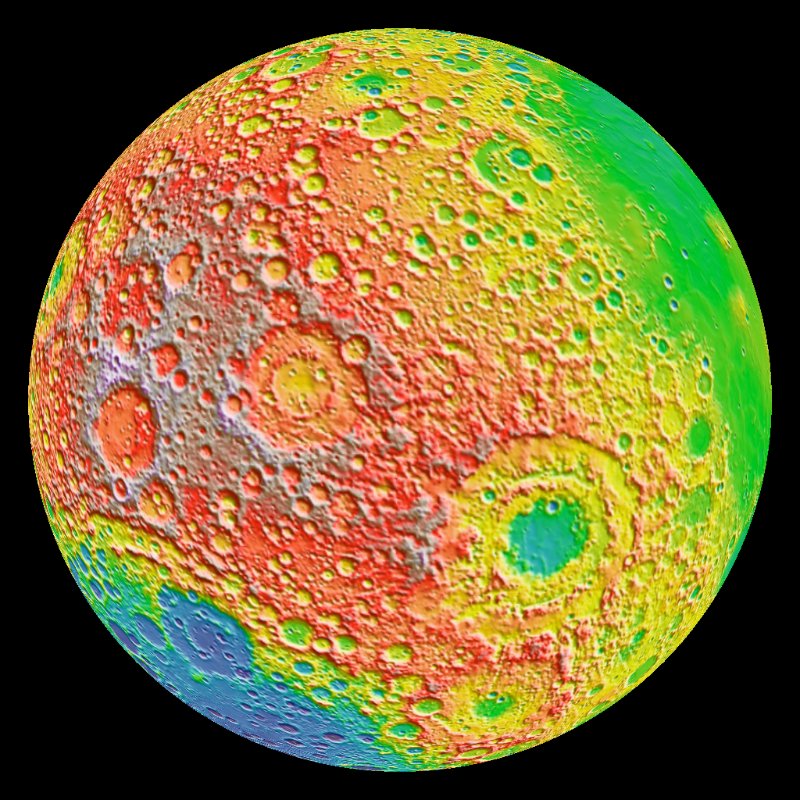 Map of the moon: A colorful global map showing lunar topography.
