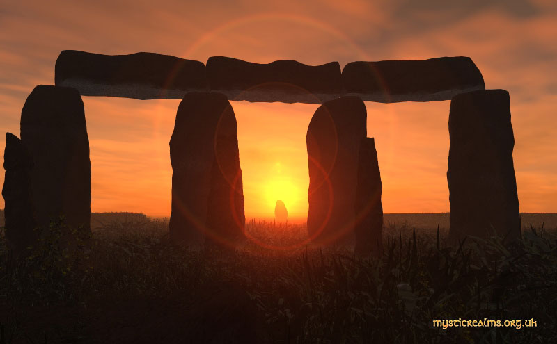 Huge square arches of rough-cut stone with rising sun behind distant standing stone.