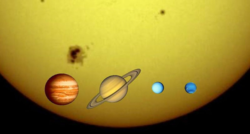Four relatively small planet images in front of part of very large sun.