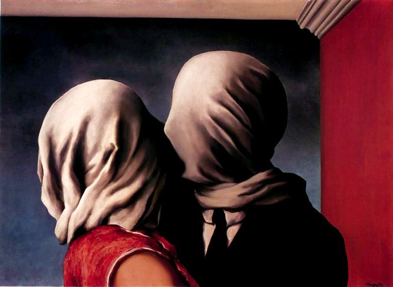 Two people with heads wrapped entirely in cloth kissing through it.