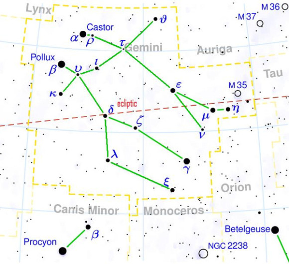 Star chart showing lines between stars of constellation Gemini.