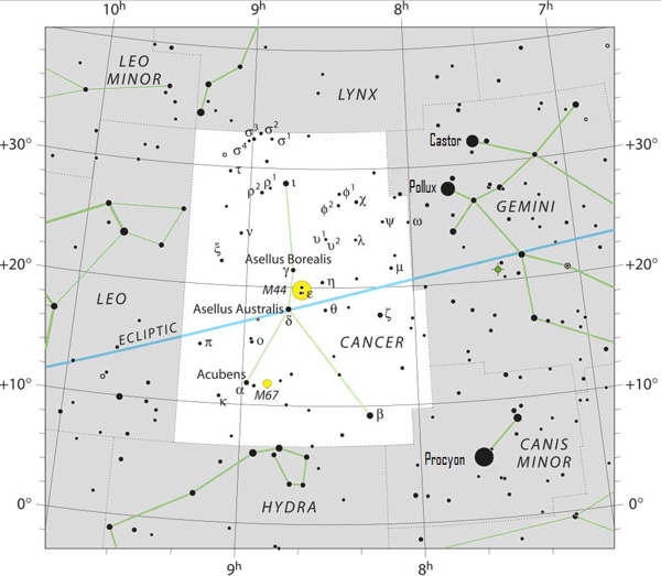 Star chart of constellation Cancer with stars in black on white and gray.