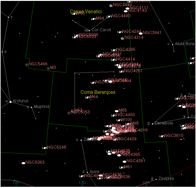 Star chart showing showing 50 or 60 labeled galaxies in cluster.