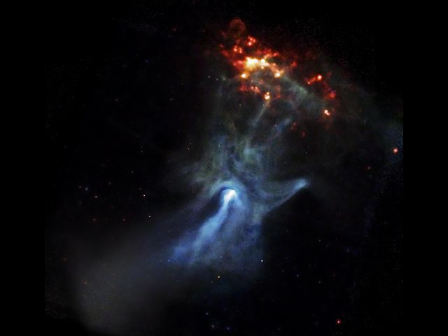 Hand-shaped blue gas cloud with crown of yellow-orange spots above finger end.
