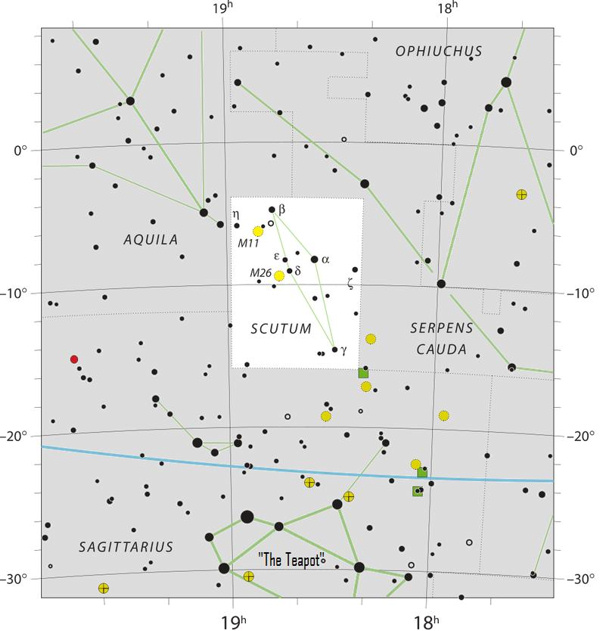 Star chart with stars in black on white, with many yellow dots indicating deep sky objects such as galaxies.