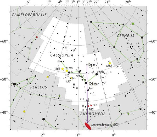 Star chart, black stars on white, of constellation Andromeda.