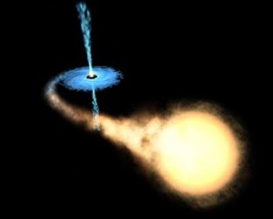 Artist's rendition of an x-ray binary: a black hole orbiting another star