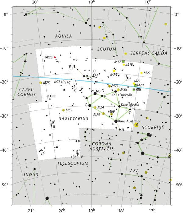 Star chart with stars in black on white and Teapot asterism outlined.