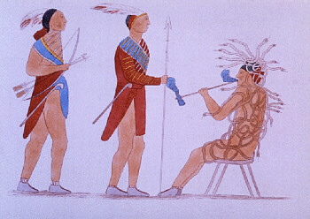 Drawing: 3 men in Native American garb, 2 standing and 1 seated wrapped in snakes.