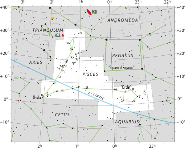 Star chart with Pegasus and Pisces outlined.