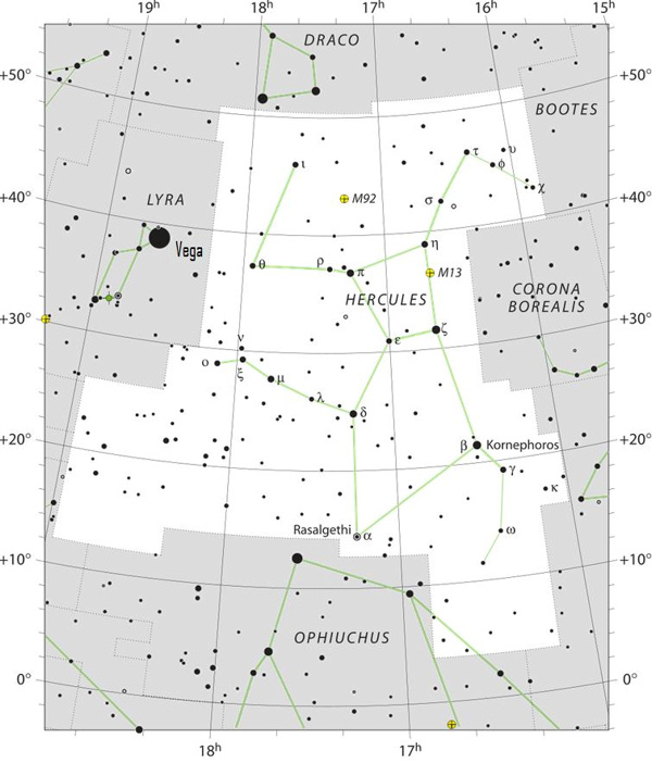 Sky chart of the constellation Hercules, black stars on white background.