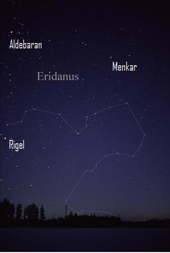 Dark sky, lines between stars: a winding constellation dipping down below horizon.