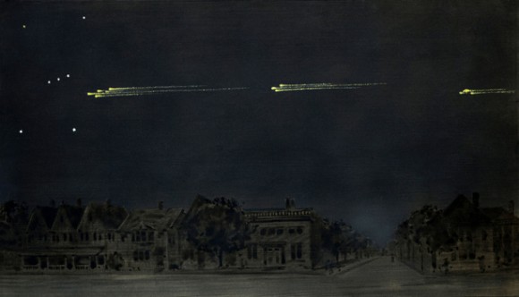 Meteor procession: Night sky over dark landscape with flaming spots at equal intervals in front of Orion.