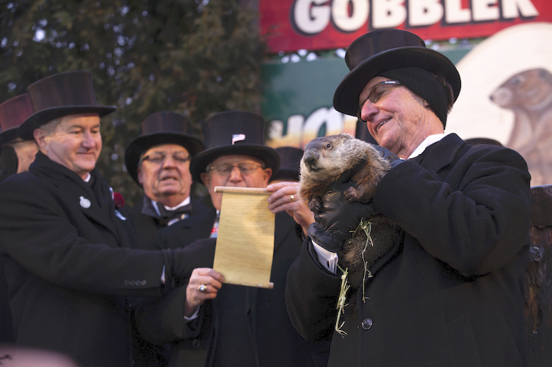 Quatre messieurs en manteau et chapeau haut de forme tenant une marmotte et un parchemin.