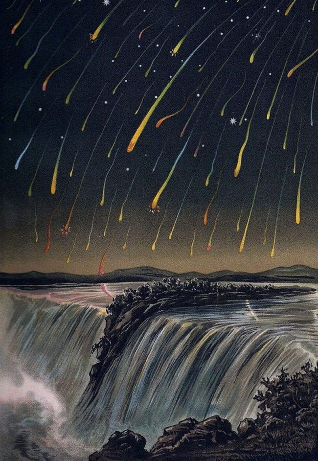 Many colorful streaks of light in sky above a waterfall.