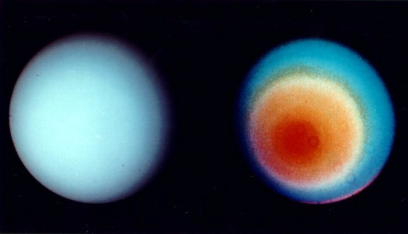 A blue featureless ball side by side with a ball that contains some colorful bands and red polar area.