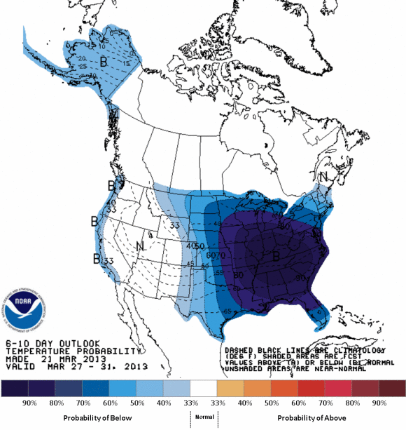 Temperatures appear below average for the end of March in the eastern U.S. Image Credit: NOAA/CPC