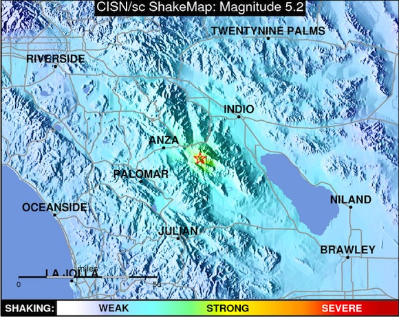 Map showing epicenter and severity of earthquake near Anza, CA on March 11, 2013.