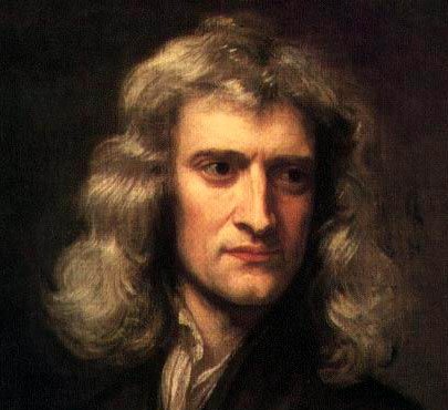 Isaac Newton: Strong-faced clean shaven man with very wavy, shoulder-length brown hair.