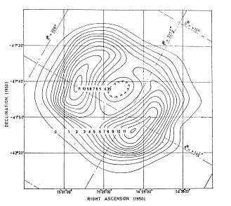 The first sign of SN 1006 in modern times came in 1965, when a radio telescope was used to create a contour map of emissions from this part of the sky. The map showed a shell-like structure, as you would expect from an expanding cloud of debris in space.