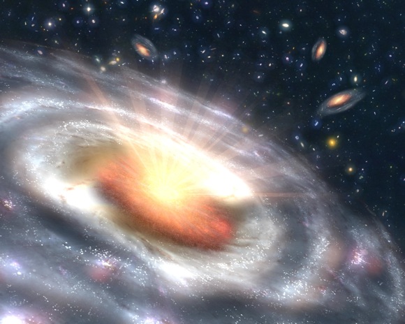 Artist concept of a growing black hole, or quasar, seen at the center of a faraway galaxy. Credit:NASA/JPL-Caltech