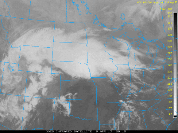 Infrared image of the developing storm across the western United States on April 9, 2013. Image Credit: College of Dupage