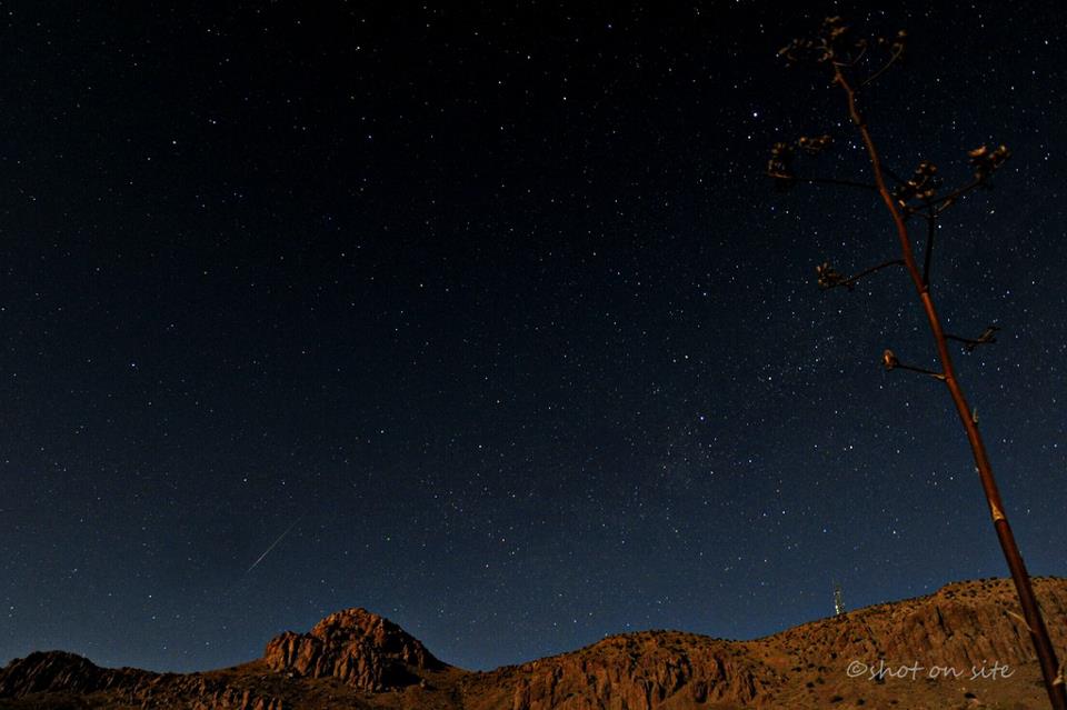 See meteor in lower left. This photo is from our friend Dan Gauss. He wrote, 'My camera was busy while I slept.. and got lucky, and grabbed one before moonset, over the Little Florida Mtns, Deming NM USA.'