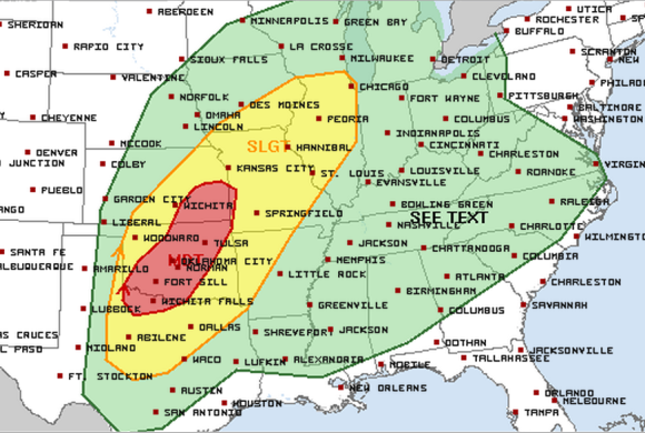 Moderate risk for severe thunderstorms has been issued for parts of Oklahoma, northern Texas, and southeast Kansas. Image Credit: Storm Prediction Center