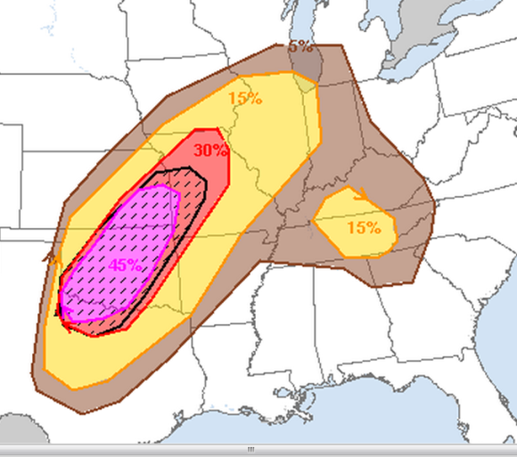 Hail probabilities for April 17, 2013. Image Credit: Storm Prediction Center