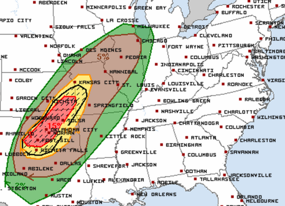 Tornado outlook probabilities for the Plains for April 17, 2013. Image Credit: Storm Prediction Center