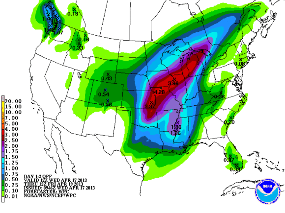 Rainfall totals that are possible Wednesday and Thursday (April 17-18, 2013). Image Credit: Weather Prediction Center