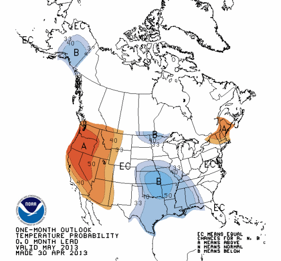 The Climate Prediction Center is forecasting below average temperatures continuing for the rest of May in the eastern half of the United States. Image Credit: NOAA