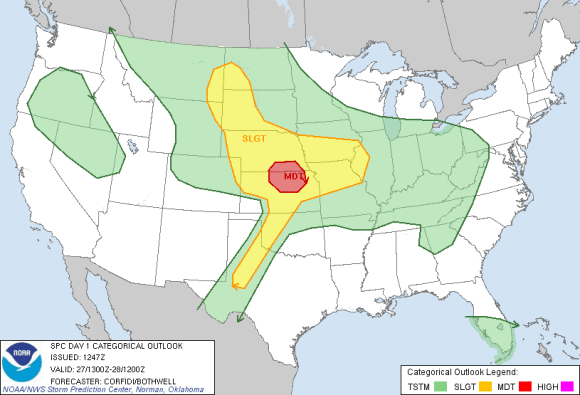 Day 1 outlook for severe weather across the U.S. Image Credit: Storm Prediction Center 