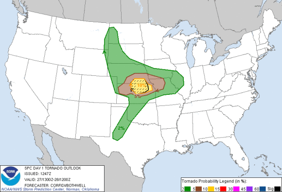 Probabilities of seeing tornadoes within 25 miles of a point. Hatched Area: 10% or greater probability of EF2 - EF5 tornadoes within 25 miles of a point. Image Credit: Storm Prediction Center