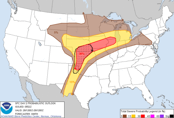 Day 2 (May 28, 2013) probabilities to see severe weather across the United States. Image Credit: Storm Prediction Center