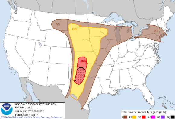 Probabilities for severe weather on May 29, 2013 (Day 3 outlook). Image Credit: Storm Prediction Center