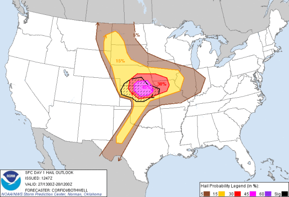 Image shows the probability of one inch diameter hail or larger within 25 miles of a point. Hatched Area: 10% or greater probability of two inch diameter hail or larger within 25 miles of a point. Image Credit: Storm Prediction Center