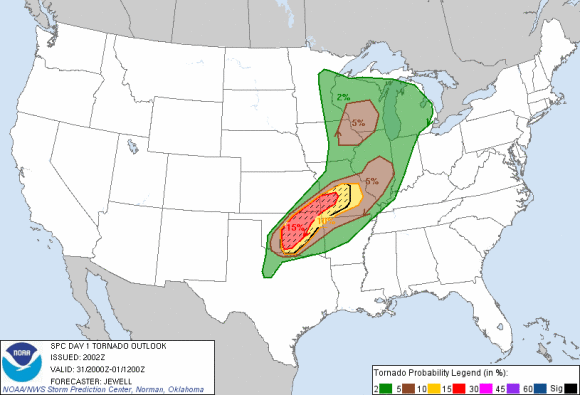 Image shows the probability of a tornado within 25 miles of a point. Hatched Area: 10% or greater probability of EF2 - EF5 tornadoes within 25 miles of a point. 